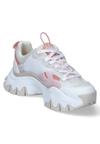 Ümarad kiiludega tennisetossud, mis on valge ülaosaga ja roosa aktsendiga, nööriga sulgemine, tekstuuriga pinnad ja kanna peal tõmbeaas.