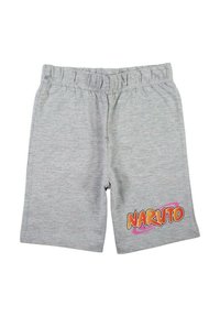 Shorts en coton gris avec une taille élastique et un graphisme coloré "NARUTO" sur la partie inférieure de la jambe gauche. Design décontracté et confortable.