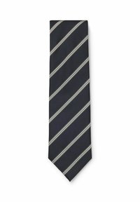 Cravatta blu navy con spesse righe diagonali bianche uniformemente distanziate su uno sfondo bianco semplice.