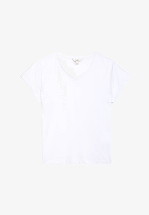White short-sleeve T-shirt with a V-neck design. Made of soft fabric, featuring a simple cut without embellishments or patterns.