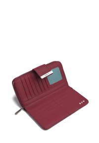 Maroon textured wallet with a zipper closure, multiple card slots, a transparent ID window, and a silver hardware accent.