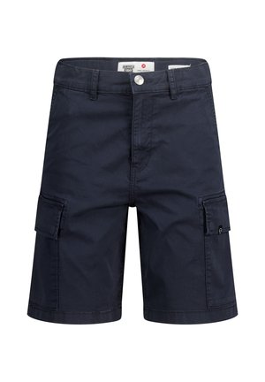 Shorts cargo blu navy realizzati in cotone resistente. Presentano due tasche laterali, chiusura frontale con bottone e orlo cucito. Texture liscia.
