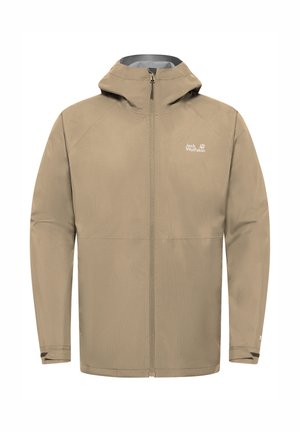Beige wasserdichte Jack Wolfskin Jacke mit Kapuze, Frontreißverschluss und verstellbaren Handgelenksriemen, für den Außenbereich konzipiert.