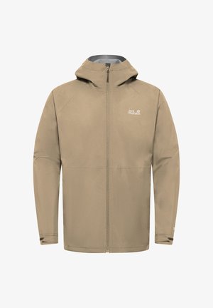 Beige wasserdichte Jack Wolfskin Jacke mit Kapuze, Frontreißverschluss und verstellbaren Handgelenksriemen, für den Außenbereich konzipiert.