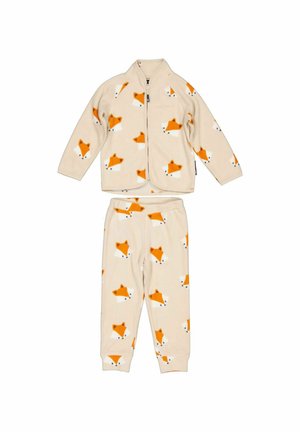 Børns beige fleece pyjamas-sæt med lange ærmer og bukser, dekoreret med gentagne orange og hvide tegneserie-ræveansigter.