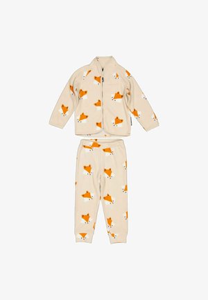 Børns beige fleece pyjamas-sæt med lange ærmer og bukser, dekoreret med gentagne orange og hvide tegneserie-ræveansigter.