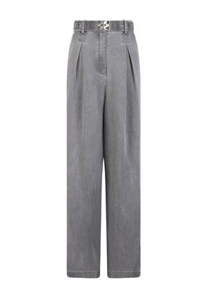 Grijze wijde pijpen broek van textuurstof, met een geplooid ontwerp en een elastische tailleband met decoratieve metalen details.