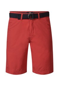Pantaloni scurți roșii realizați dintr-un material ușor, dotati cu o curea împletită bleumarin cu o cataramă circulară din metal, concepuți cu o croială dreaptă și margini tivite.