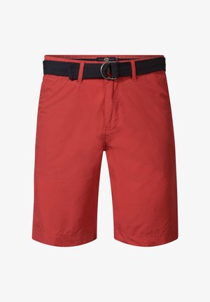 Red shorts made of lightweight fabric, featuring a navy woven belt with a circular metal buckle, designed with a straight cut and hemmed edges.