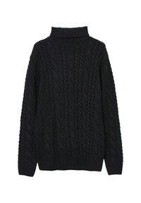 Dunkelblauer, kabelstrickgestrickter Rollkragenpullover mit geripptem Kragen und Bündchen, der ein strukturiertes Muster aufweist. Hergestellt aus weicher, dicker Wolle.