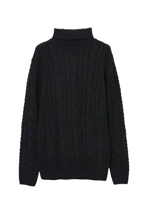 Pull en maille torsadée bleu marine avec col et poignets côtelés, présentant un motif texturé sur l'ensemble. Fabriqué en fil épais et doux.