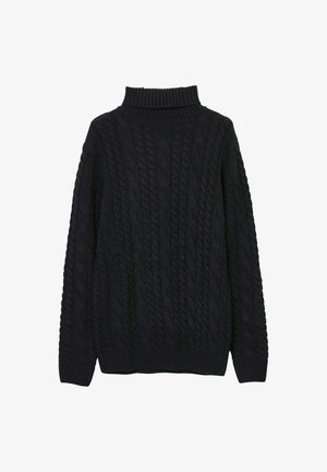 Pull en maille torsadée bleu marine avec col et poignets côtelés, présentant un motif texturé sur l'ensemble. Fabriqué en fil épais et doux.