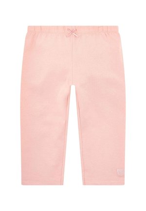 Weiche, rosa Leggings für Kleinkinder mit elastischem Bund und einer kleinen Schleife vorne in der Mitte, mit einem dezenten Teddybär-Emblem nahe dem Saum.