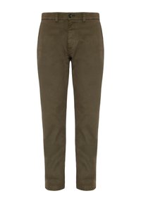 Chino verde oliva in cotone con vestibilità slim, chiusura con bottone anteriore, passanti per cintura e fondo coscia stretto. Texture liscia.