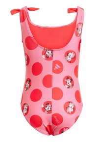 Roze badpak met rode stippen en illustraties van Minnie Mouse. Voorzien van schouderbanden en een contrasterende rode voering.