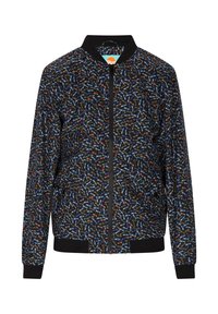 Giacca bomber nera con motivo floreale colorato, chiusura frontale con zip e polsini e bordo a costine. Tessuto leggero con una texture liscia.