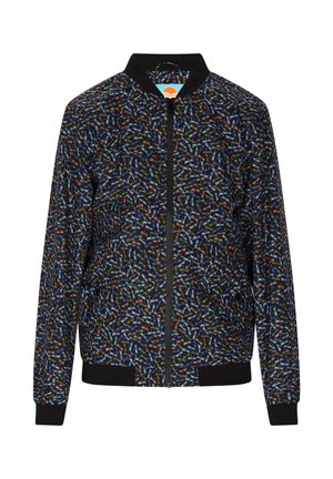 Zwarte bomberjack met een kleurrijke bloemenprint, ritssluiting aan de voorkant en ribgebreide manchetten en onderkant. Lichtgewicht stof met een gladde textuur.