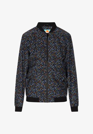 Zwarte bomberjack met een kleurrijke bloemenprint, ritssluiting aan de voorkant en ribgebreide manchetten en onderkant. Lichtgewicht stof met een gladde textuur.