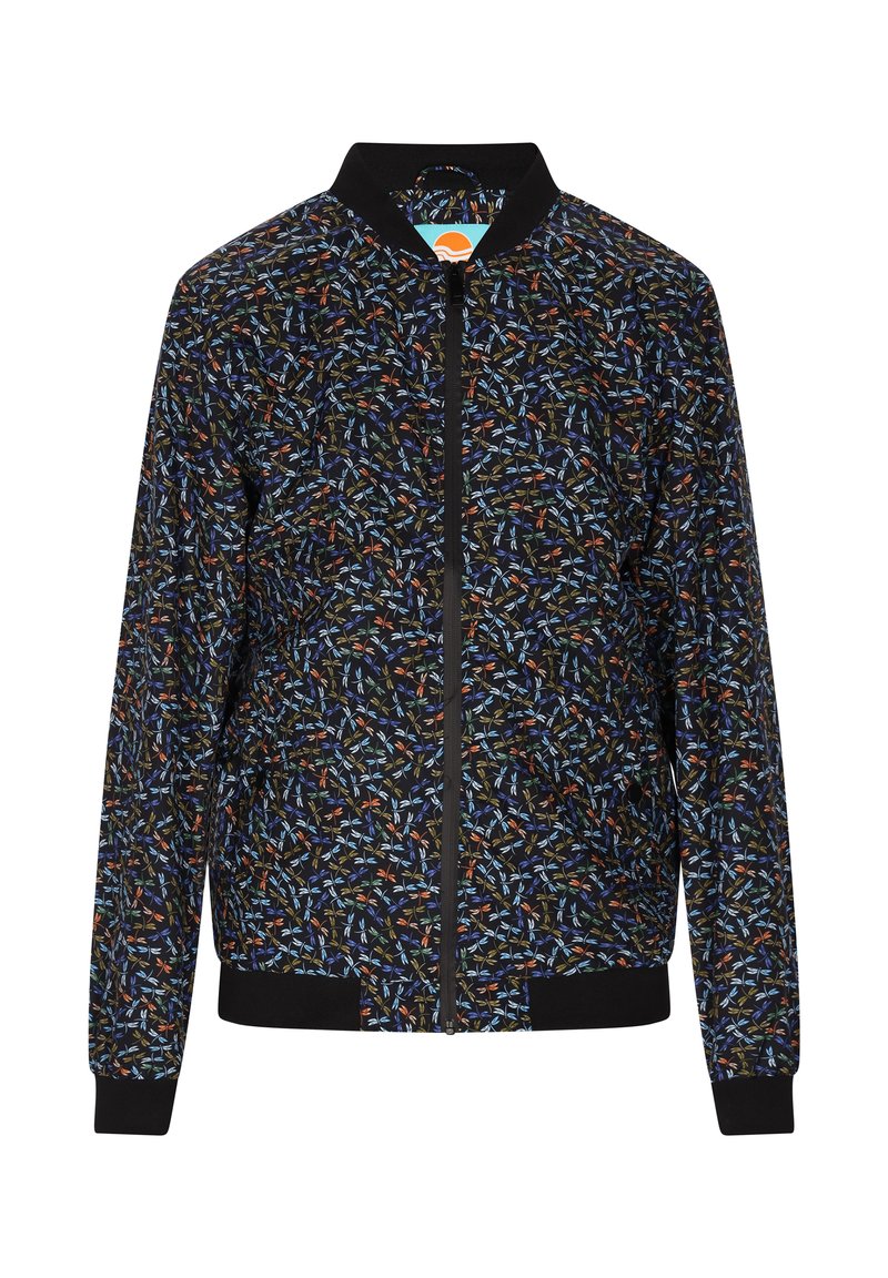 Giacca bomber nera con motivo floreale colorato, chiusura frontale con zip e polsini e bordo a costine. Tessuto leggero con una texture liscia.