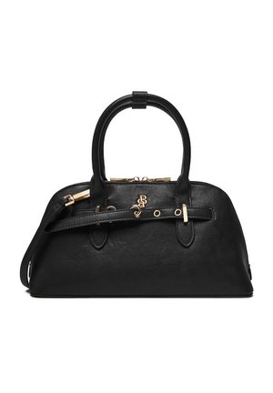 Czarna skórzana torebka z zaokrąglonymi uchwytami, złotym zamkiem błyskawicznym oraz ozdobnymi złotymi elementami na przednim pasku.