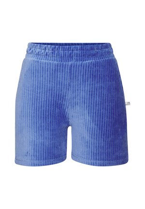 Blaue Shorts aus geripptem Stoff mit elastischem Bund und einem kleinen weißen Markenzeichen auf der rechten Seite.