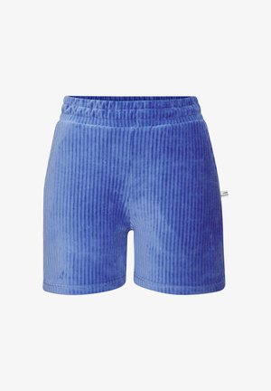 Blauwe geribbelde stoffen korte broek met elastische tailleband en een klein wit merkje aan de rechterkant.