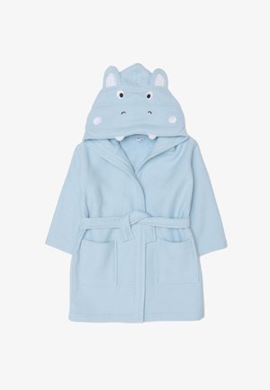 Accappatoio azzurro con cappuccio, realizzato in tessuto dalla trama evidente, con un volto di ippopotamo sul cappuccio con dettagli bianchi e due tasche frontali.