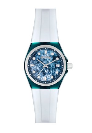 White silicone watch with a hexagonal teal bezel, blue marbled dial, silver hour markers, and a date display at 3 o'clock.