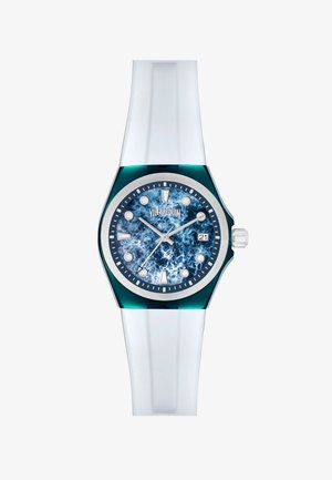 Bílý silikonový náramkový hodinky s hexagonálním tyrkysovým rámem, modrým mramorovým ciferníkem, stříbrnými hodinovými značkami a zobrazením data na třetí hodině.