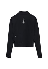 Svart långärmad jacka med hög krage, baklogotyp "ATW", sidofickor med dragkedja och sömlös design, tillverkad av lätt, elastisk tyg.