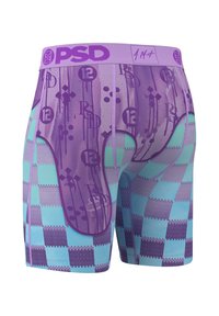 Lilla og teal mønstrede boxershorts med sjakkert design, teksturert stoff og en logobånd med signaturdetalj.