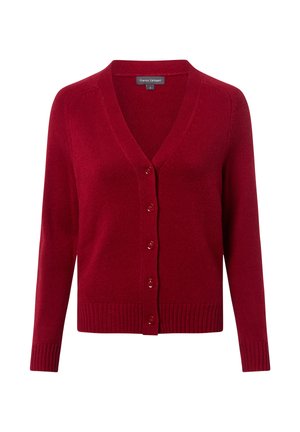 Roter Strickcardigan mit V-Ausschnitt, sieben Knöpfen auf der Vorderseite und gerippten Bündchen und Saum. Weicher Stoff und taillierte Passform.