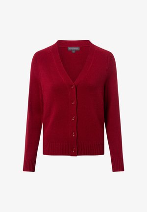 Czerwony sweter robiony na drutach z dekoltem w serek, siedmioma guzikami z przodu oraz ściągaczami na mankietach i u dołu. Miękka tekstura i dopasowany krój.
