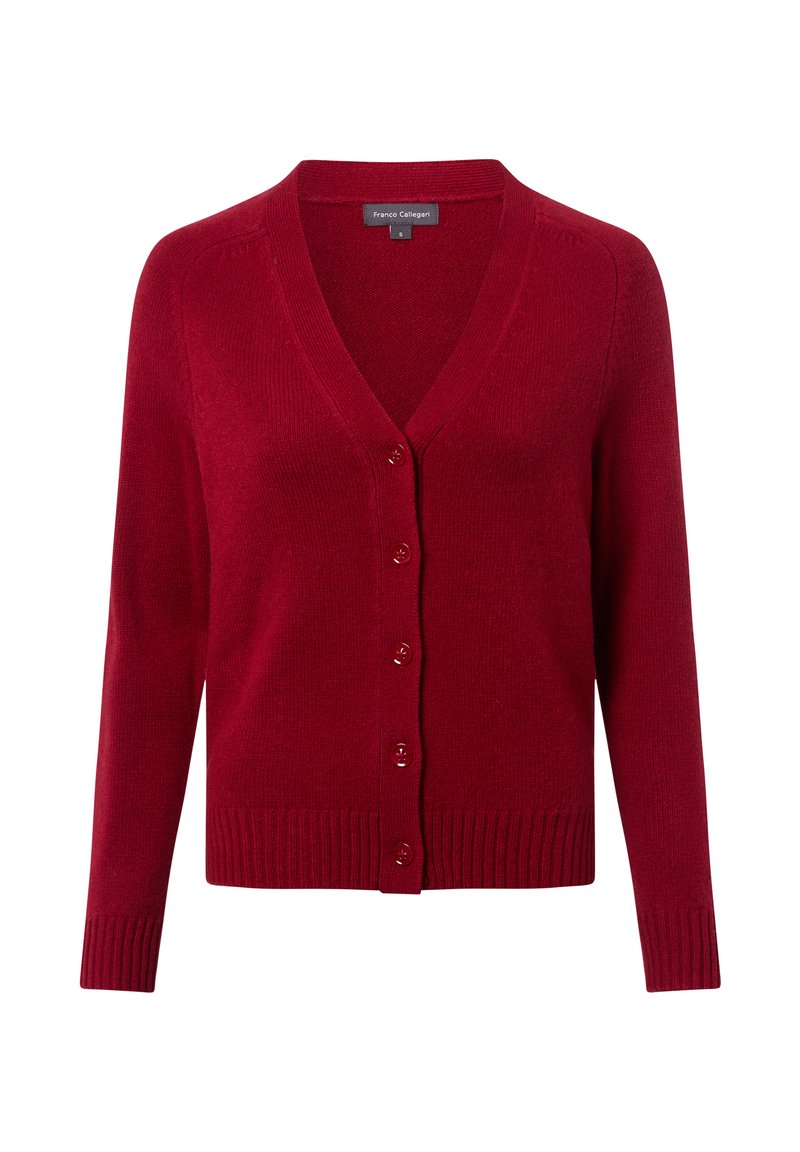 Roter Strickcardigan mit V-Ausschnitt, sieben Knöpfen auf der Vorderseite und gerippten Bündchen und Saum. Weicher Stoff und taillierte Passform.
