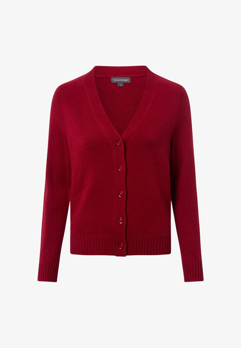 Roter Strickcardigan mit V-Ausschnitt, sieben Knöpfen auf der Vorderseite und gerippten Bündchen und Saum. Weicher Stoff und taillierte Passform.
