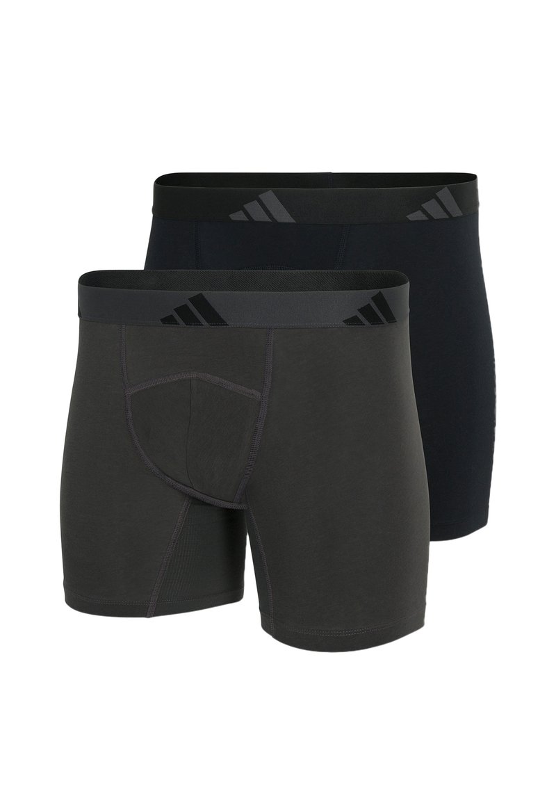 Zwarte en donkergrijze boxershorts, gemaakt van zachte stof, met een brede elastieken tailleband met een textuur patroon van het logo.