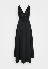Robe de soirée noire sans manches avec un corsage en V orné de sequins et une longue jupe fluide nouée à la taille par un nœud.