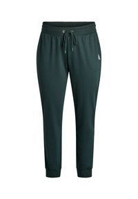 Dunkelgrüne Jogginghosen mit elastischem Bund, Kordelzugverschluss, Bündchen an den Knöcheln und kleinem Logo an der rechten Hüfte.