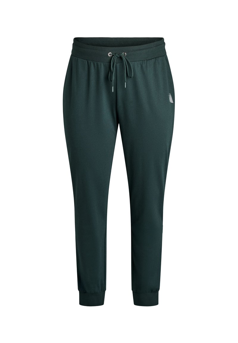 Dunkelgrüne Jogginghosen mit elastischem Bund, Kordelzugverschluss, Bündchen an den Knöcheln und kleinem Logo an der rechten Hüfte.