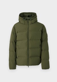 Zaļš pūkains jaku ar kapuci, ar rāvējslēdzēja priekšpusi, horizontālu quilted tekstūru un divām sānu kabatām. Viegls materiāls.