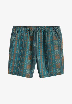 Korte short met een elastische tailleband en trekkoord, met een turquoise basis en blauwe, oranje en beige geometrische en spiraalpatronen.