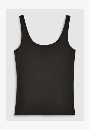 Czarny top na ramiączkach, wykonany z miękkiej bawełny z domieszką. Ma okrągły dekolt, szerokie ramiączka i gładką, elastyczną teksturę.