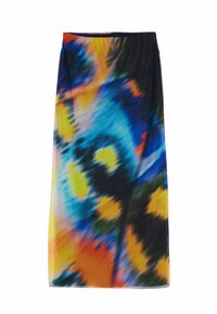 Colorful maxi skirt featuring a tie-dye pattern in blue, orange, yellow, and black. Made of lightweight fabric with an elastic waistband.
