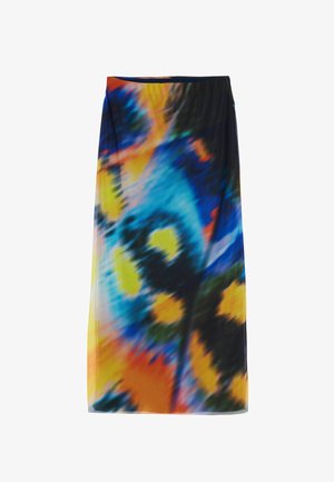 Jupe maxi colorée avec un motif tie-dye en bleu, orange, jaune et noir. Fabriquée en tissu léger avec une taille élastique.