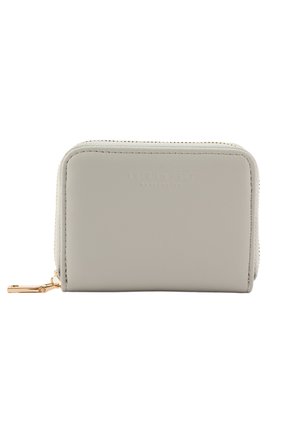 Small rectangular light gray leather wallet with gold zipper and embossed brand name on the front.