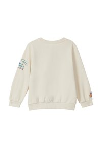 Cremfarbener Sweatshirt mit langen Ärmeln, rundem Halsausschnitt, gerippten Bündchen und Saum, mit bedruckten Grafiken auf beiden Ärmeln.
