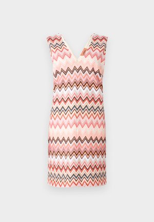 Multicolored zigzag patterned dress with a V-neck, sleeveless design, featuring shades of pink, brown, and cream. Textured knit fabric.