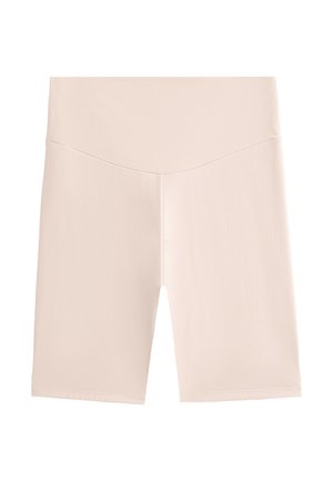 Bež shorts za kolesarjenje z visokim pasom, izdelani iz gladkega in raztegljivega materiala ter prilegajočega se dizajna, s brezšivnim sprednjim delom in obrubljenimi robovi.