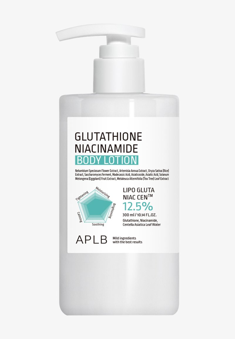 Hvid pumpeflaske mærket Glutathione Niacinamide Body Lotion med 12,5% aktive ingredienser og planteekstrakt detaljer.