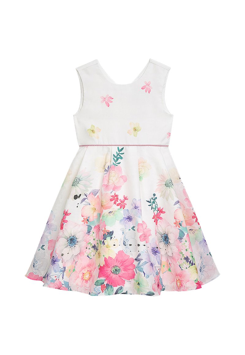 Florales Kleid aus weißem Stoff mit ärmellosem Design, versehen mit einem bunten Muster aus pinken, lila und blauen Blumen sowie grünen Akzenten.